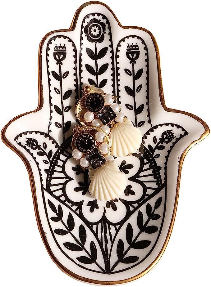 PUDDING CABIN Trinket Dish Hamsa Ring Dish Holder Small Jewelry Tray Decorative Plate | Amazon (US)