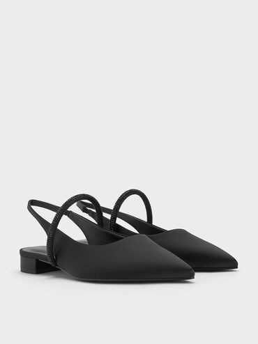 Satin Crystal-Strap Pointed-Toe Slingback Flats
 - Black Textured | Charles & Keith US
