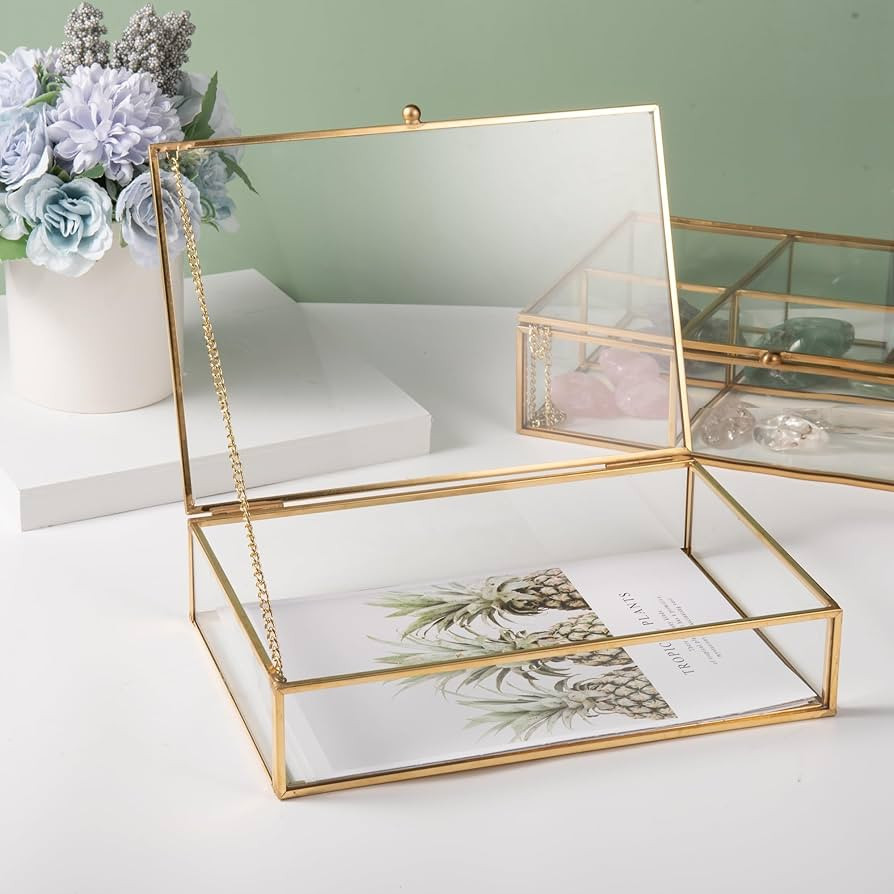 Feyarl Gold Glass Jewelry Trinket Box 5 x 7 Photo Cards Shadow Lidded Box Organizer Collection Di... | Amazon (US)