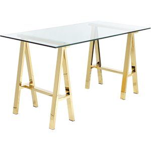 Pangea Home Brady Small Metal Desk with Glass in Polished Gold | Homesquare
