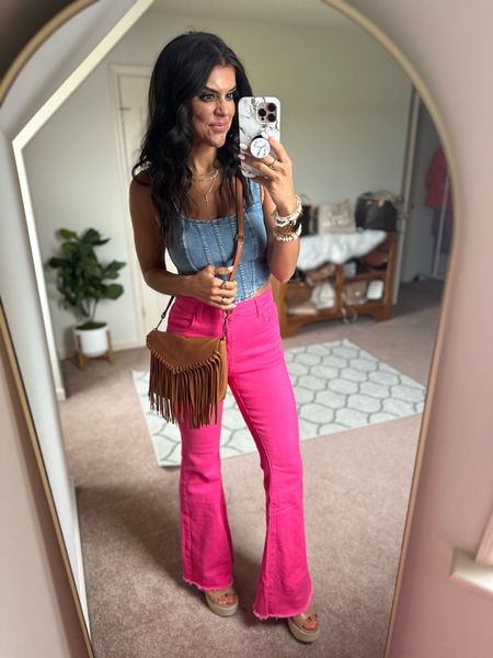 How fun are these pants! Would make a great concert outfit! Size small in corset, size medium in jeans. Wedges tts 

#LTKFestival #LTKstyletip #LTKfindsunder100