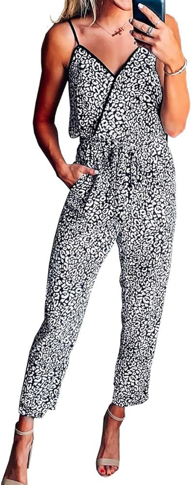 PRETTYGARDEN Women's Sexy Wrap V Neck Leopard Print Spaghetti Strap Long Pants Jumpsuits Rompers | Amazon (US)