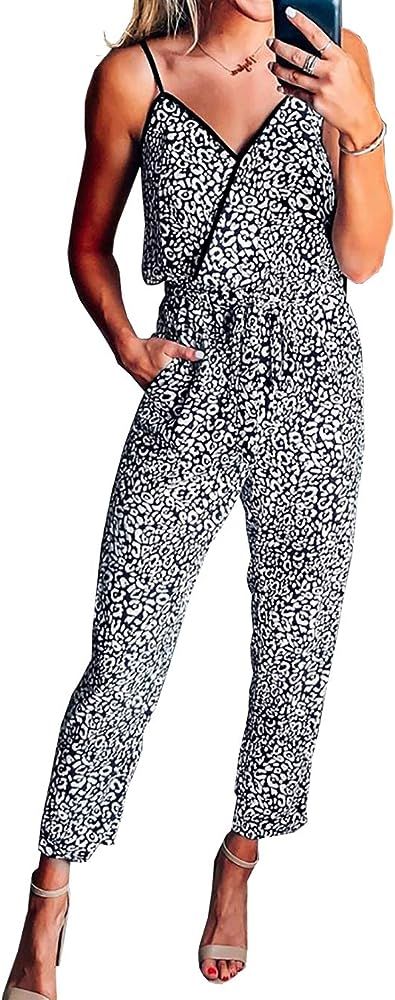 PRETTYGARDEN Women's Sexy Wrap V Neck Leopard Print Spaghetti Strap Long Pants Jumpsuits Rompers | Amazon (US)