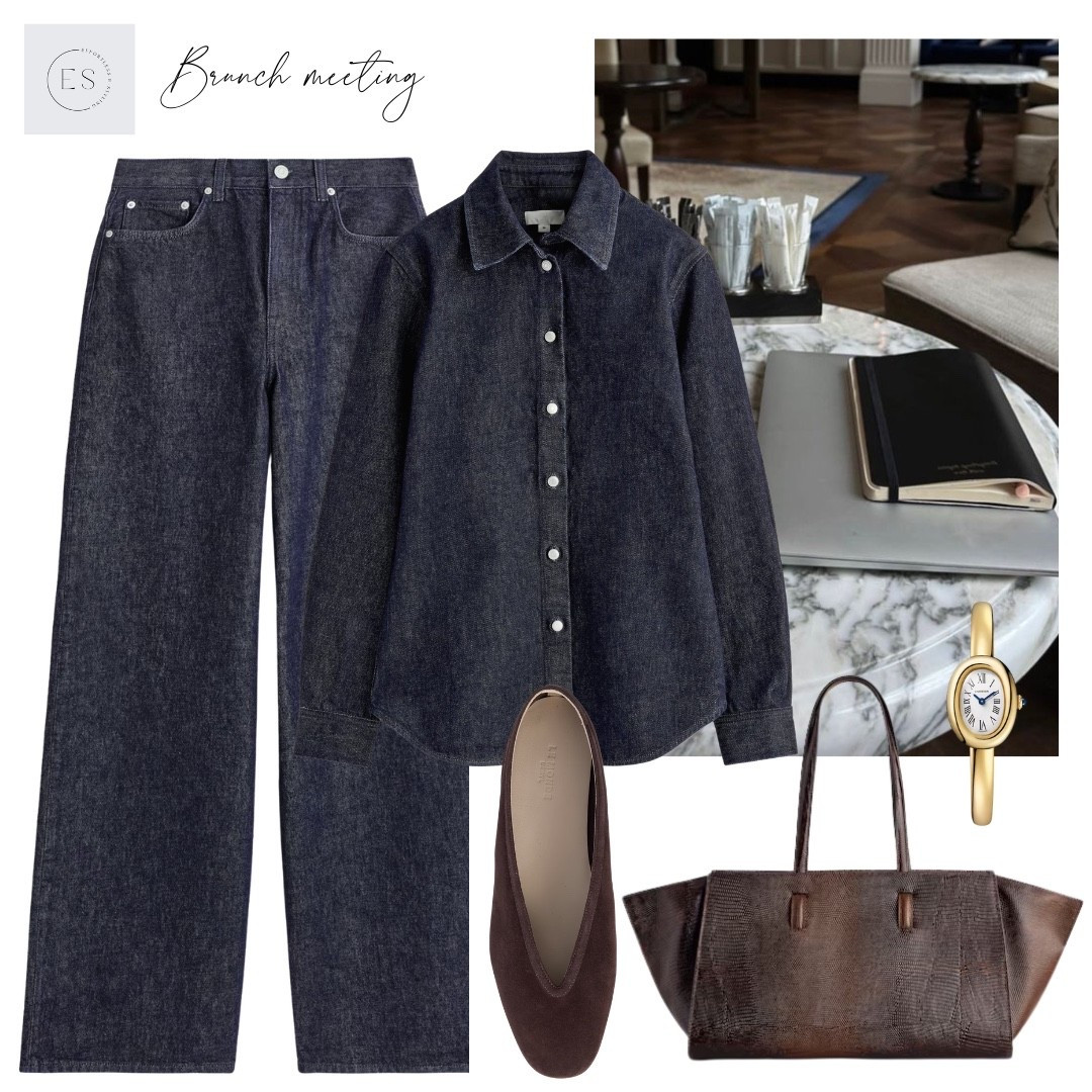 Smart casual double denim outfit. 

Indigo denim shirt, wide leg indigo jeans, dark brown suede ballet flats, gold oval bracelet watch, croc effect brown tote bag. 

#LTKuk #LTKspring #LTKstyletip
