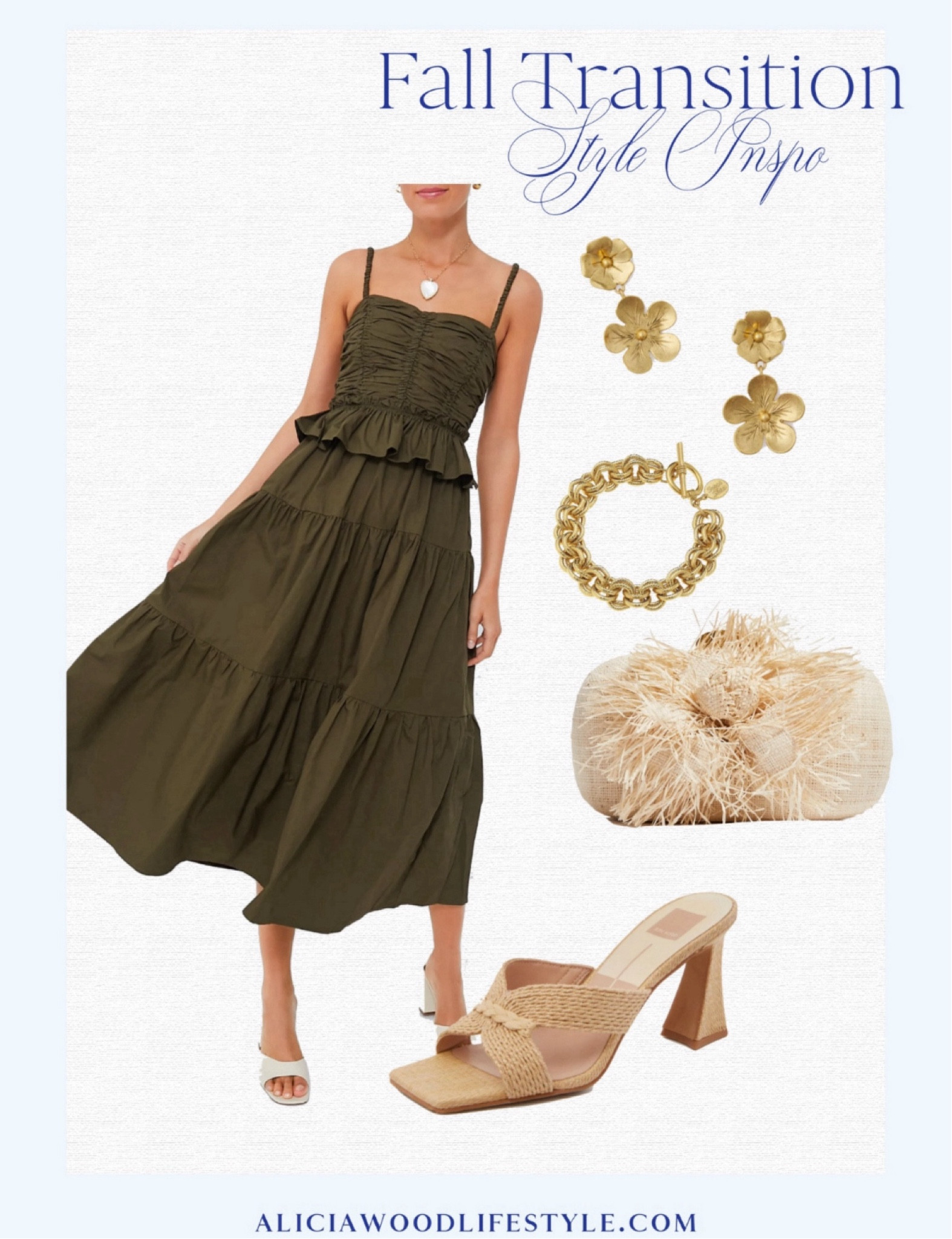 Fall transitional style
Dark green peplum detail sundress 
Slide sandal
Fringe floral clutch 
Hold link bracelet
Hold floral drop earrings 


#LTKSeasonal #LTKStyleTip #LTKOver40
