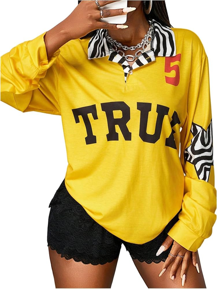 Women's Y2K Striped Long Sleeve Golf Shirts Star Letter Print Loose Fit Shirt Streetwear | Amazon (US)