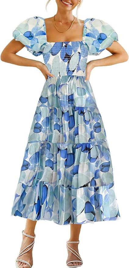 GOLDSTITCH Women's Smocked Maxi Dress Square Neck Ruffle Hem Puffy Short Sleeve Flowy Midi Dress | Amazon (US)