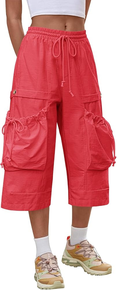 Aoysky Womens Wide Leg Cargo Capris Drawstring Elastic Waist Baggy Cropped Pants with Utility Poc... | Amazon (US)