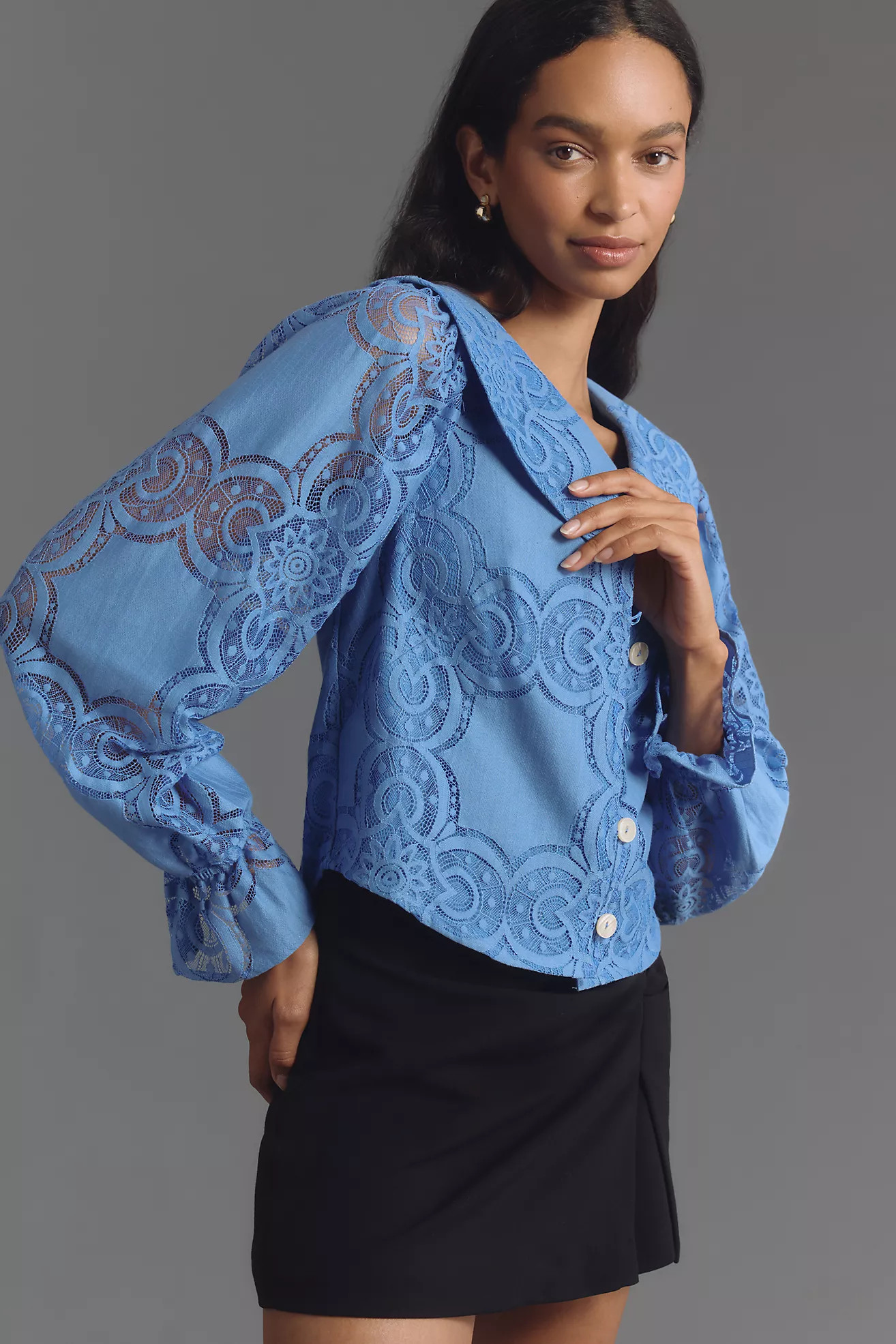 Maeve Long-Sleeve Collared Flower-Button Lace Blouse | Anthropologie (US)