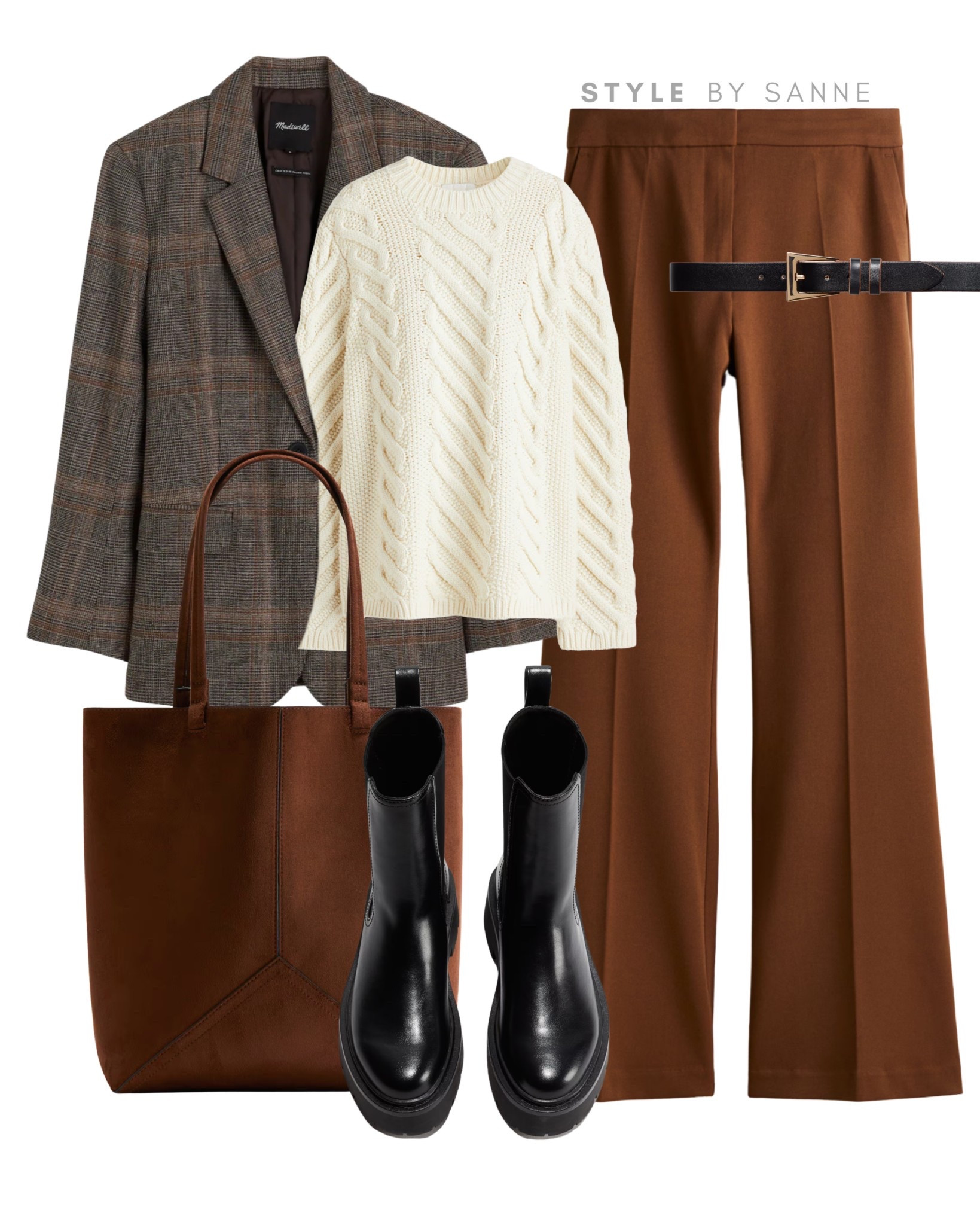 Modern heritage charm 🤍🤎
A checked blazer and cable knit combo with tailored brown trousers — cozy yet refined. Finished with black Chelsea boots and a structured brown tote.
Tap to shop all pieces now! ✨


#LTKautumn #LTKworkwear #LTKstyletip