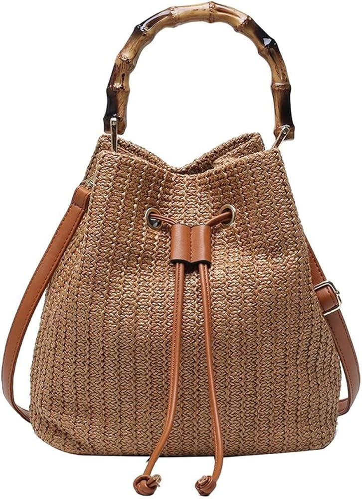 UniCloud Bamboo Handle Small Handbag Crossbody Bucket Straw Bag Summer Purse 2022 (Brown) | Amazon (US)