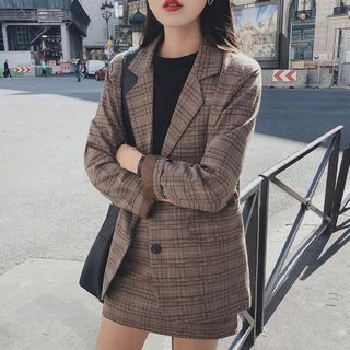 Set: Plaid Blazer + Mini Fitted Skirt | YesStyle Global