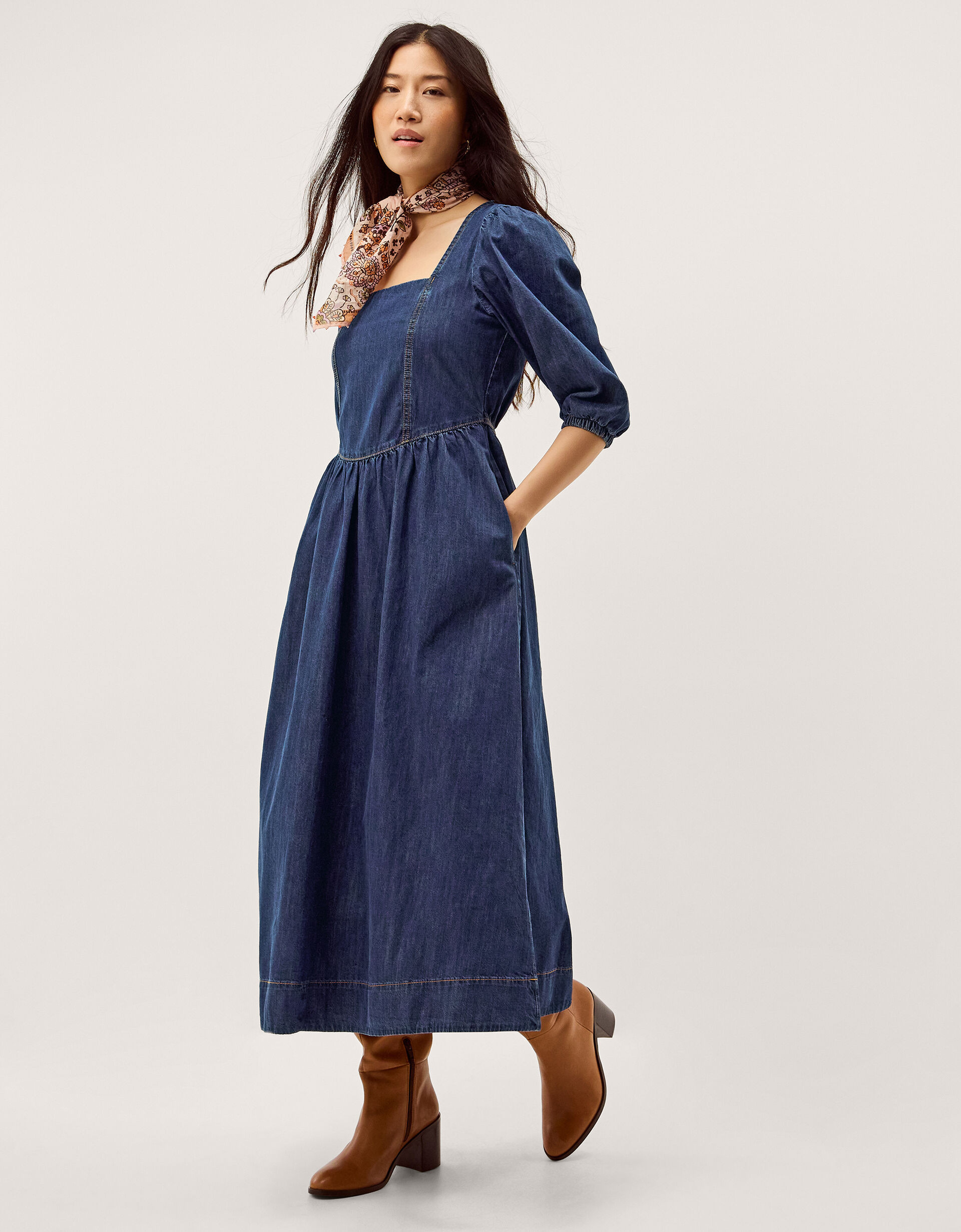 Lily Square Neck Denim Midi Dress Blue | Monsoon (UK)