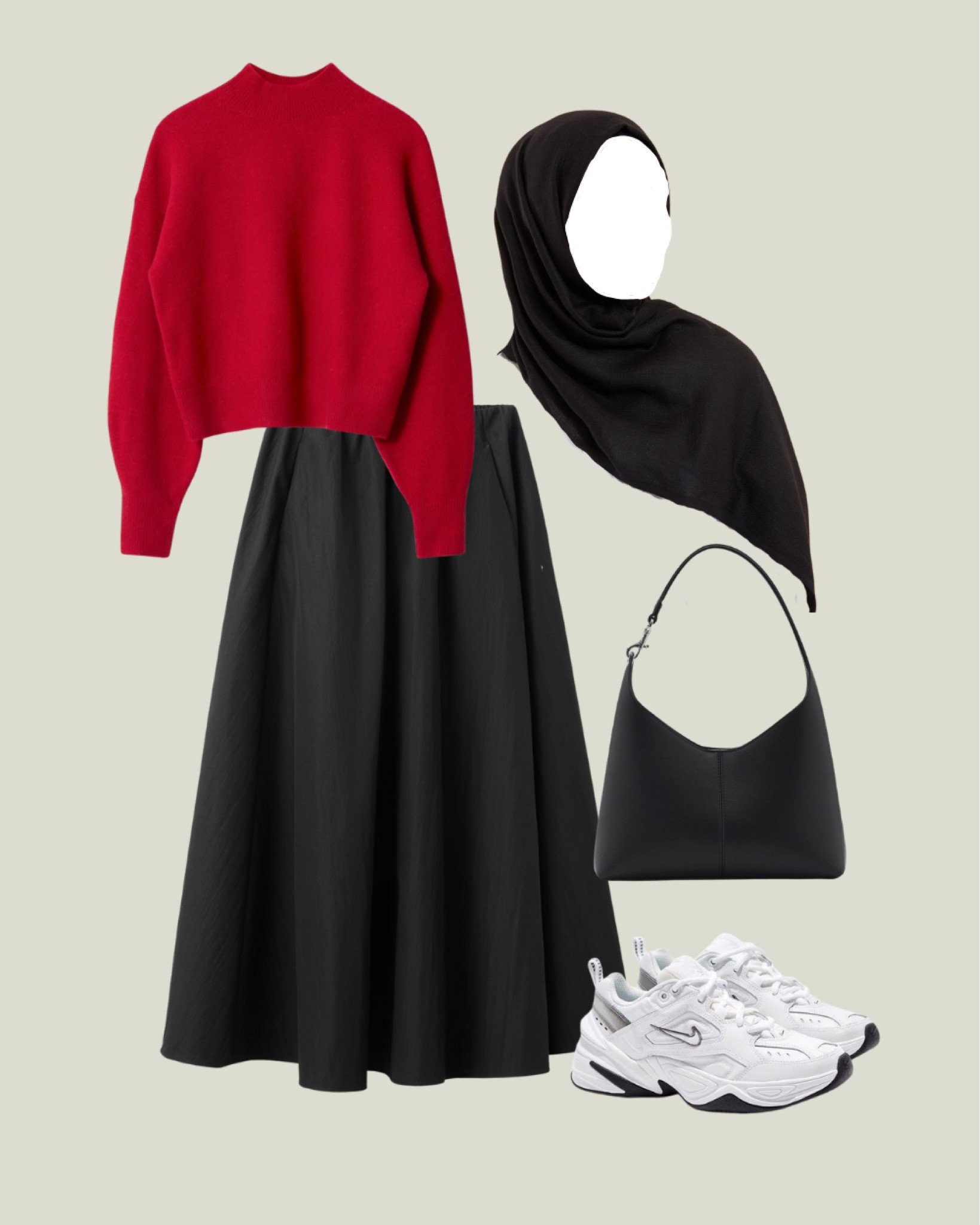 Red sweater fashion ideas to style this autumn and winter chic combined with flare skirt and white sneakers. Hijabi look winter