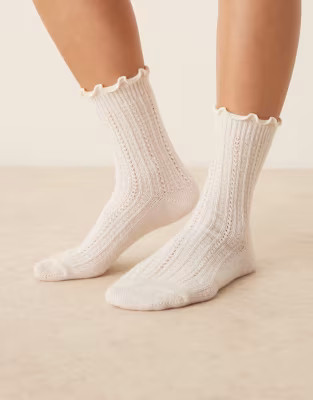 ASOS DESIGN crochet knit frill edge socks in cream | ASOS (Global)