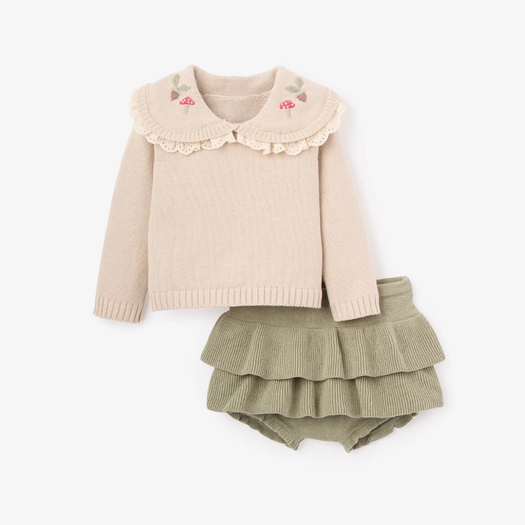 Mushroom Embroidered Collar Sweater + Skirt Set | Elegant Baby