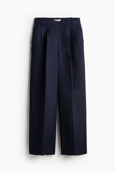 Tailored linen-blend trousers - Navy blue - Ladies | H&M GB | H&M (UK, MY, IN, SG, PH, TW, HK)