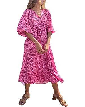 miduo Womens Loose Fit Casual Summer V Neck Half Sleeve Bohemian Geometric Pattern Maxi Long Dres... | Amazon (US)