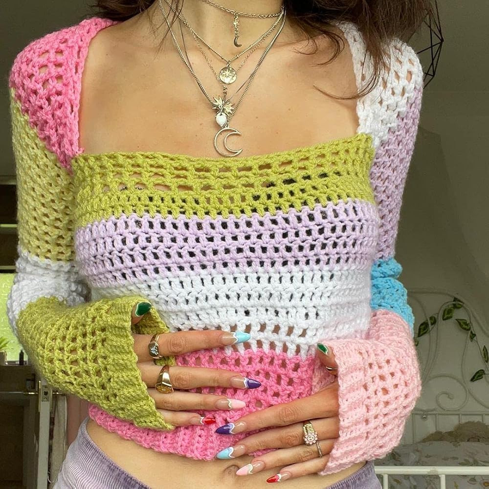 Women Long Sleeve Hollow Out Sweater Crop Top Y2k Crochet Knit Color Block Pullover Shirt Jumper Str | Amazon (US)