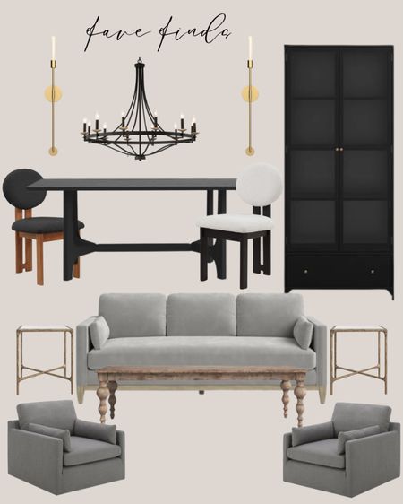 Wayfair fave finds:
Gray sofa. Gold end tables. Natural wood coffee table traditional. Gray accent chairs. Black dining table modern. White dining chair. Black dining chair. Gold candle holder. Black chandelier traditional. Black cabinet tall.

#LTKhome #LTKsalealert