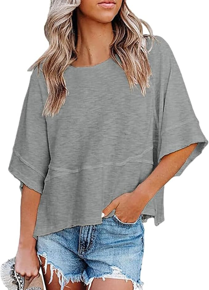 Womens Fashion T-Shirt Crewneck 3/4 Sleeves Solid Color Loose Basic Tops Summer Casual Tees Blous... | Amazon (US)