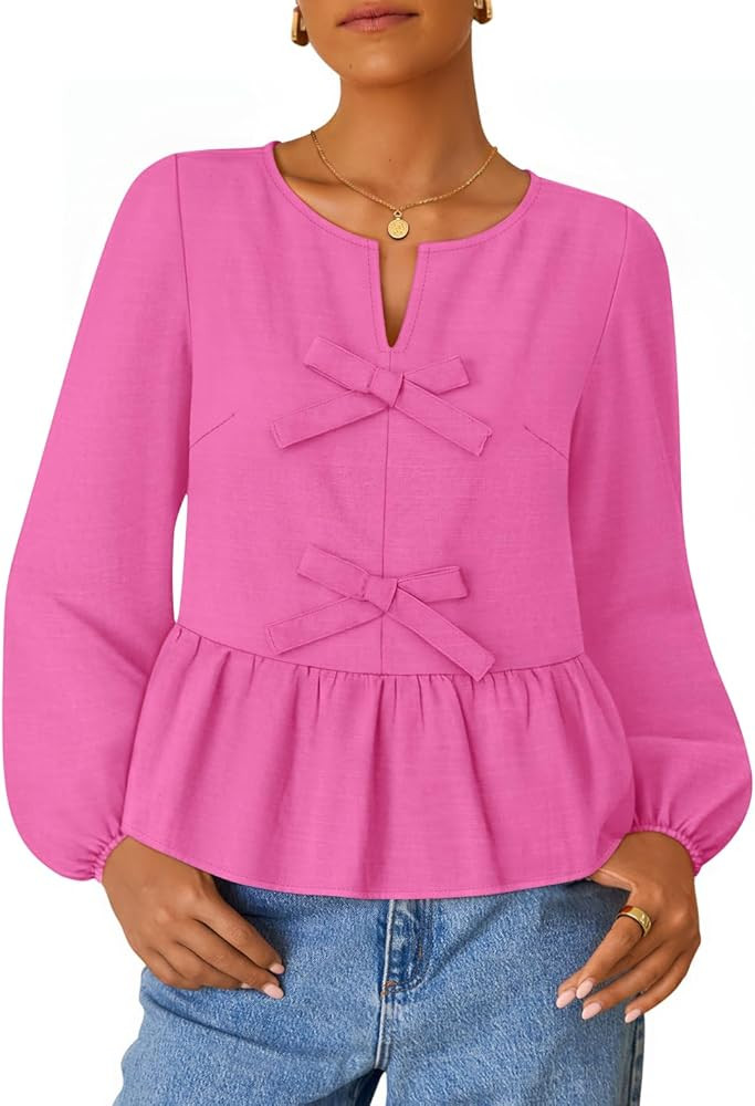ZESICA Women's Long Sleeve Babydoll Tops Crewneck Tie Front Casual Loose Ruffle Flowy Peplum Shir... | Amazon (US)