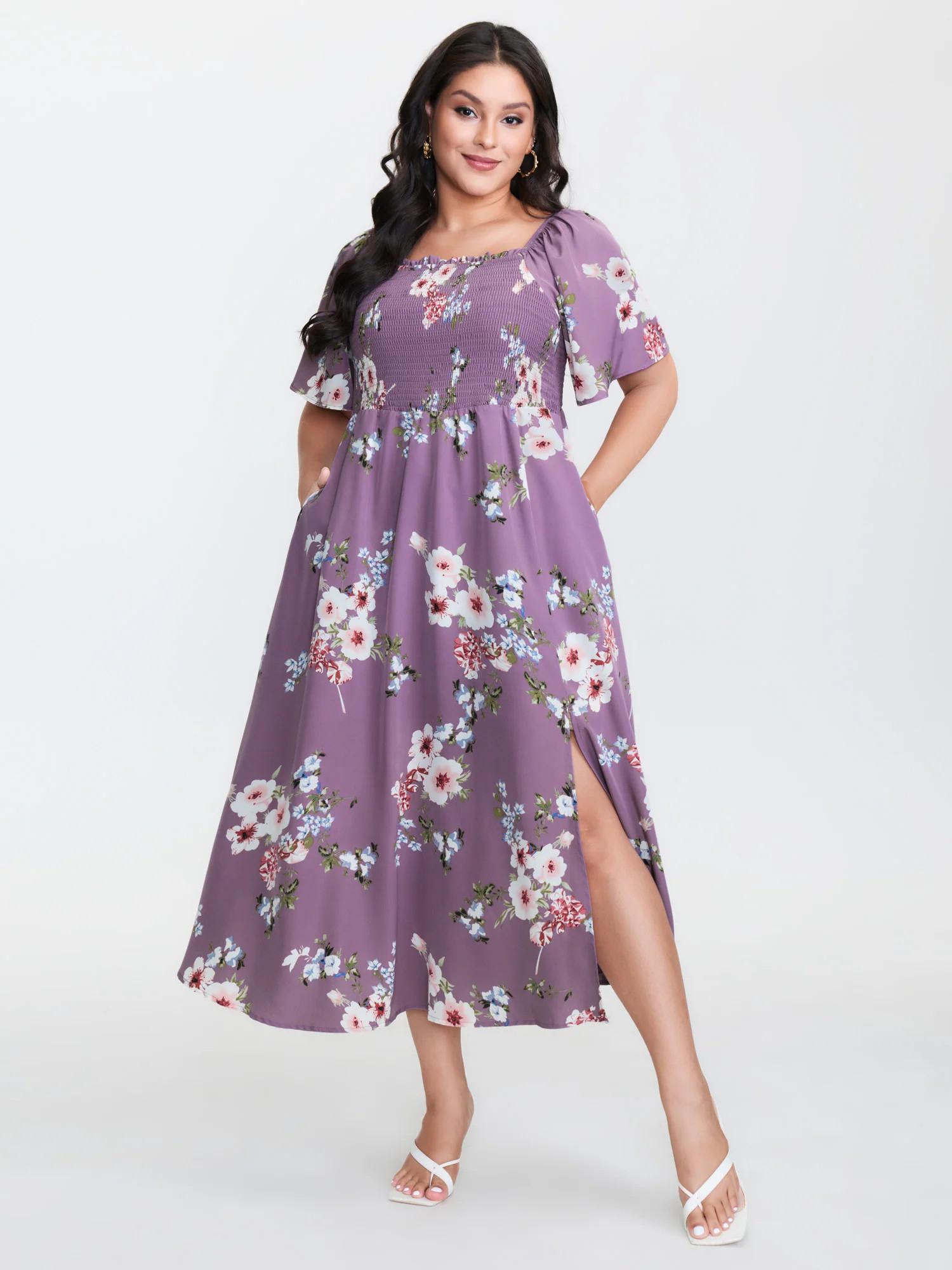 Floral Square Neck Ruffles Pocket Shirred Split Dress | Bloomchic
