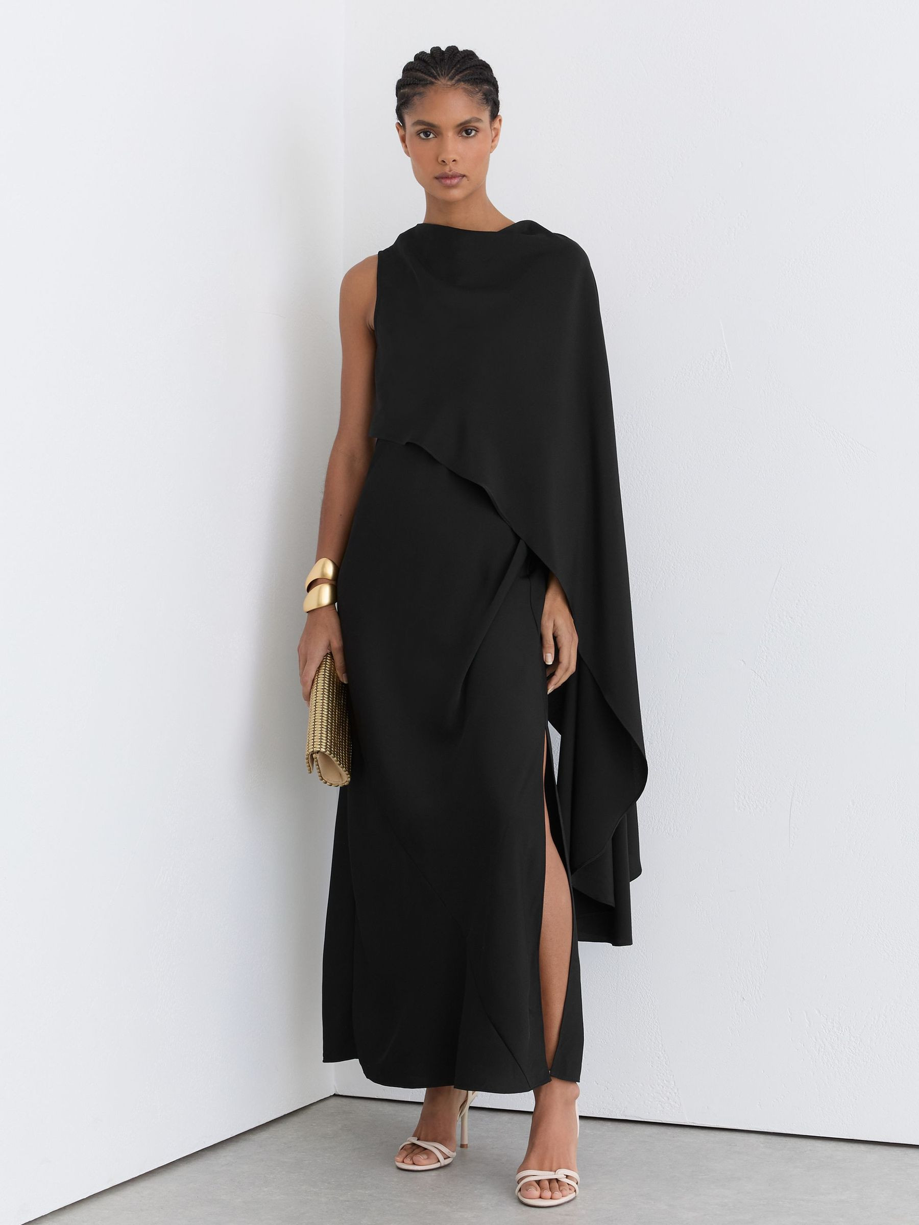Reiss Asymmetric Cape-Detail Maxi Dress in Black | REISS | Reiss US
