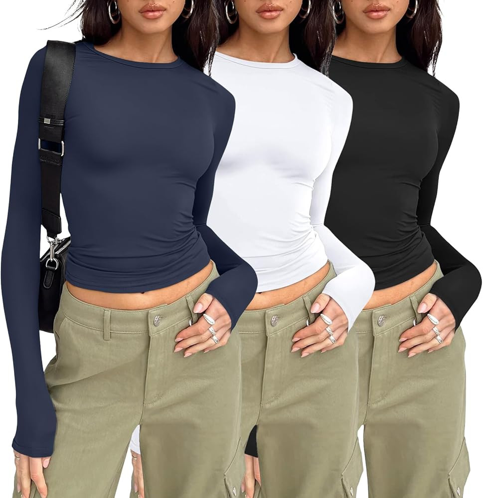 AUTOMET 3 Pack Womens Long Sleeve T Shirts Fall Fashion Basic Going Out Crop Tops Slim Fitted Win... | Amazon (US)