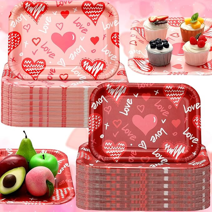 24 Pcs 13 x 9 Inch Valentine's Day Disposable Paper Plates Love Serving Tray Rectangle Trays Vale... | Amazon (US)