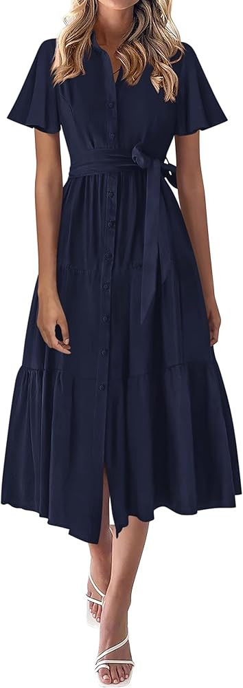 KIRUNDO Summer Button Down Wedding Guest Shirt Dresses for Women Maxi Flutter Short Sleeve Flowy ... | Amazon (US)