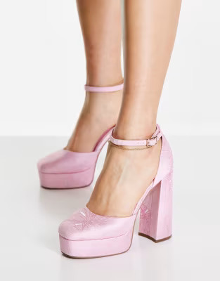 ASOS DESIGN Priority platform high heeled shoes in pink jaquard | ASOS (Global)