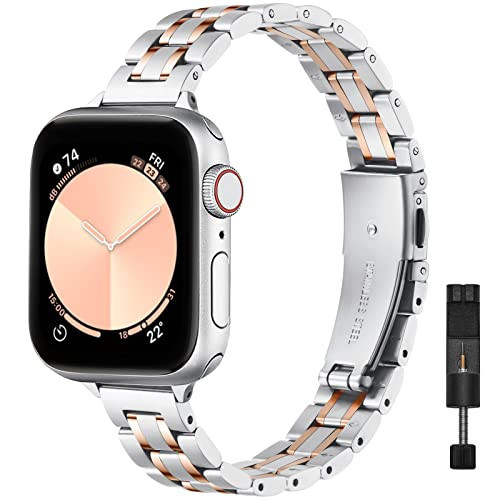 STIROLL Thin Replacement Band Compatible for Apple Watch 38mm 40mm 41mm 42mm(Series 11 10), Stainless Steel Metal Wristband Women Men for iWatch Ultra SE Series 9 8 7 6 5 4 3 2 1, Silver Rose Gold | Amazon (US)