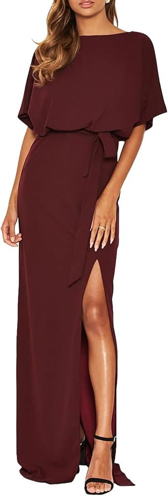 Happy Sailed Womens Formal Dress Batwing Sleeve Waist Belted High Slit Long Maxi Party Dresses Ev... | Amazon (US)