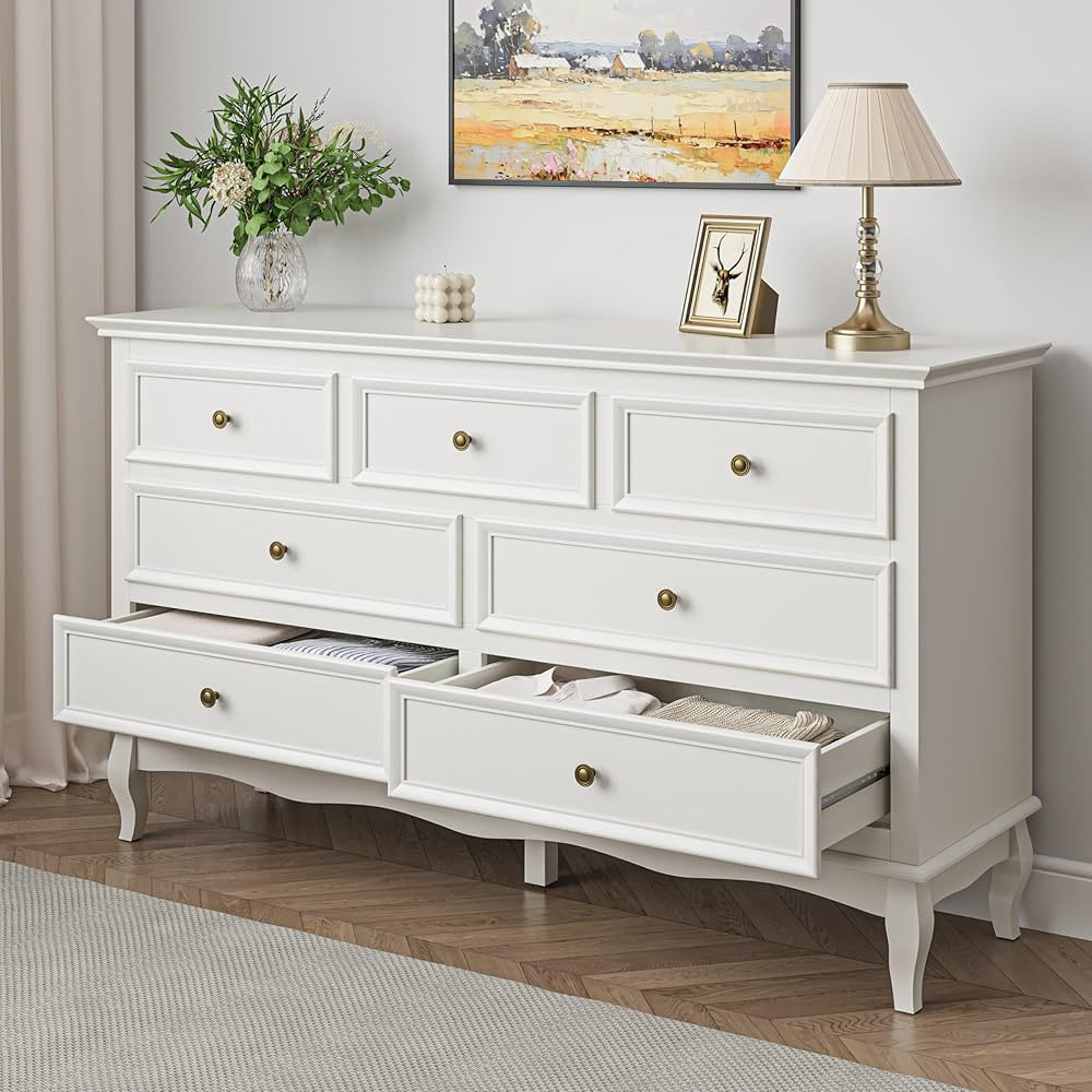 RoyalCraft White 7 Drawer Dresser for Bedroom, Modern Chest of Drawers with Solid Wood Legs and P... | Amazon (US)