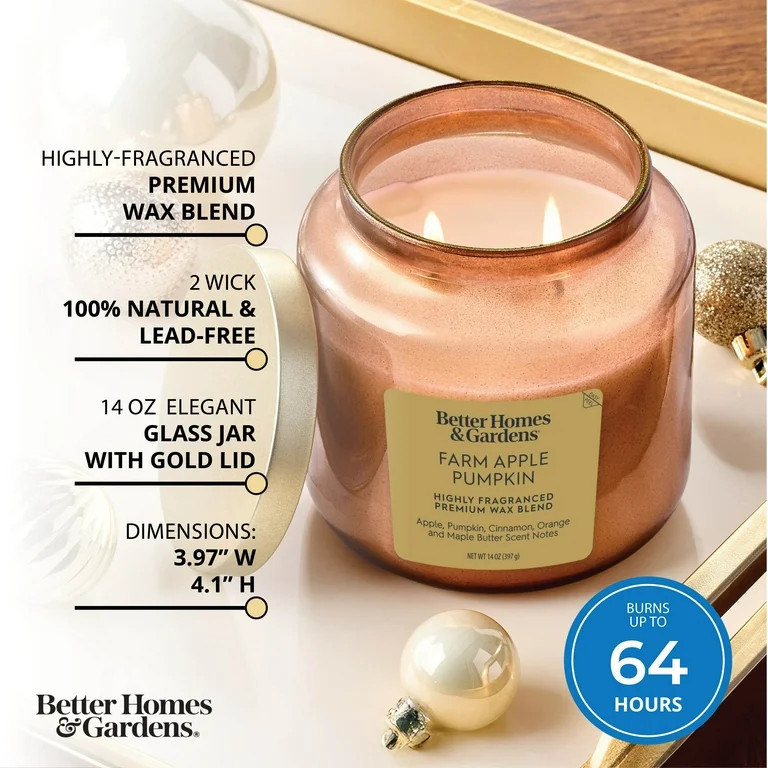 Better Homes & Gardens 2-Wick Orange Glass Jar Candle with Gold Lid, Farm Apple & Pumpkin, 14oz. | Walmart (US)