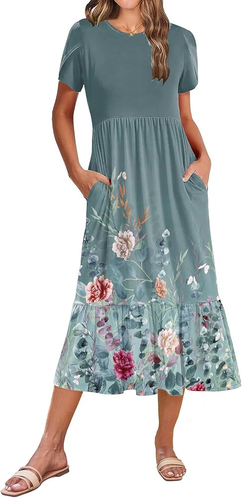 Zeagoo Women Summer Midi A Line Dress Short Sleeve Casual Flowy Tiered Beach Long Sundress with P... | Amazon (US)