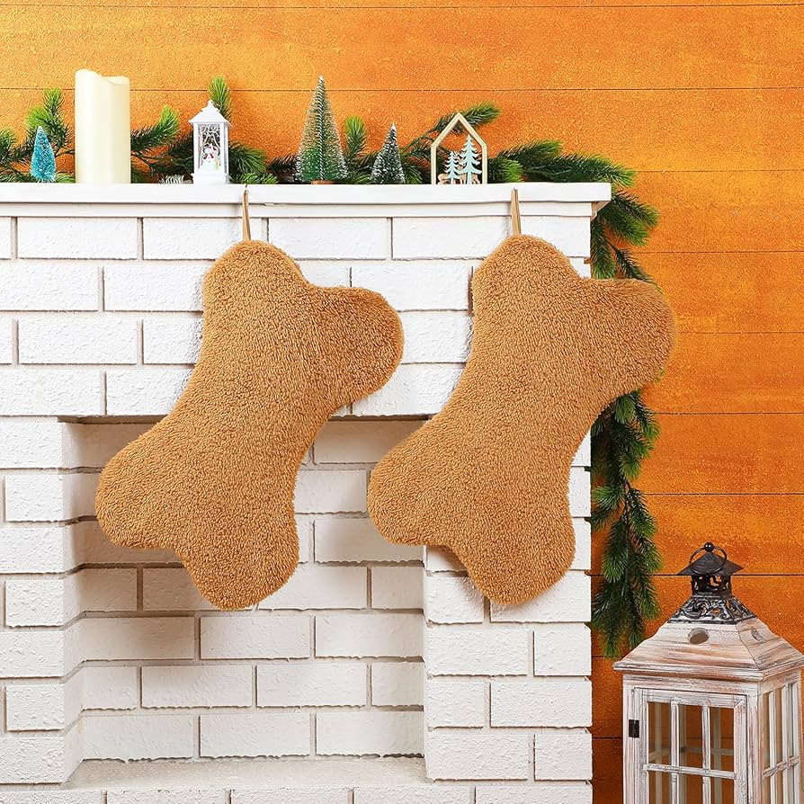 2 Pcs Christmas Stockings 18.5 Inch Large Dog Bone Stockings Faux Fur Sherpa Xmas Pet Stocking Ch... | Amazon (US)