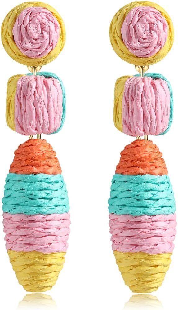 Boho Raffia Earrings for Women Girls - Statement Round Raffia Rattan Drop Earrings - Trendy Summe... | Amazon (US)