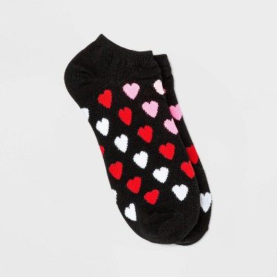 Women's Hearts Valentine's Day Low Cut Socks - Black 4-10 | Target