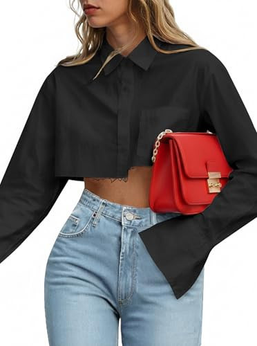 Remidoo Women's Asymmetrical Hem Long Sleeve Cropped Button Down Shirt Crop Top Blouse Streetwear Black XX-Large | Amazon (US)