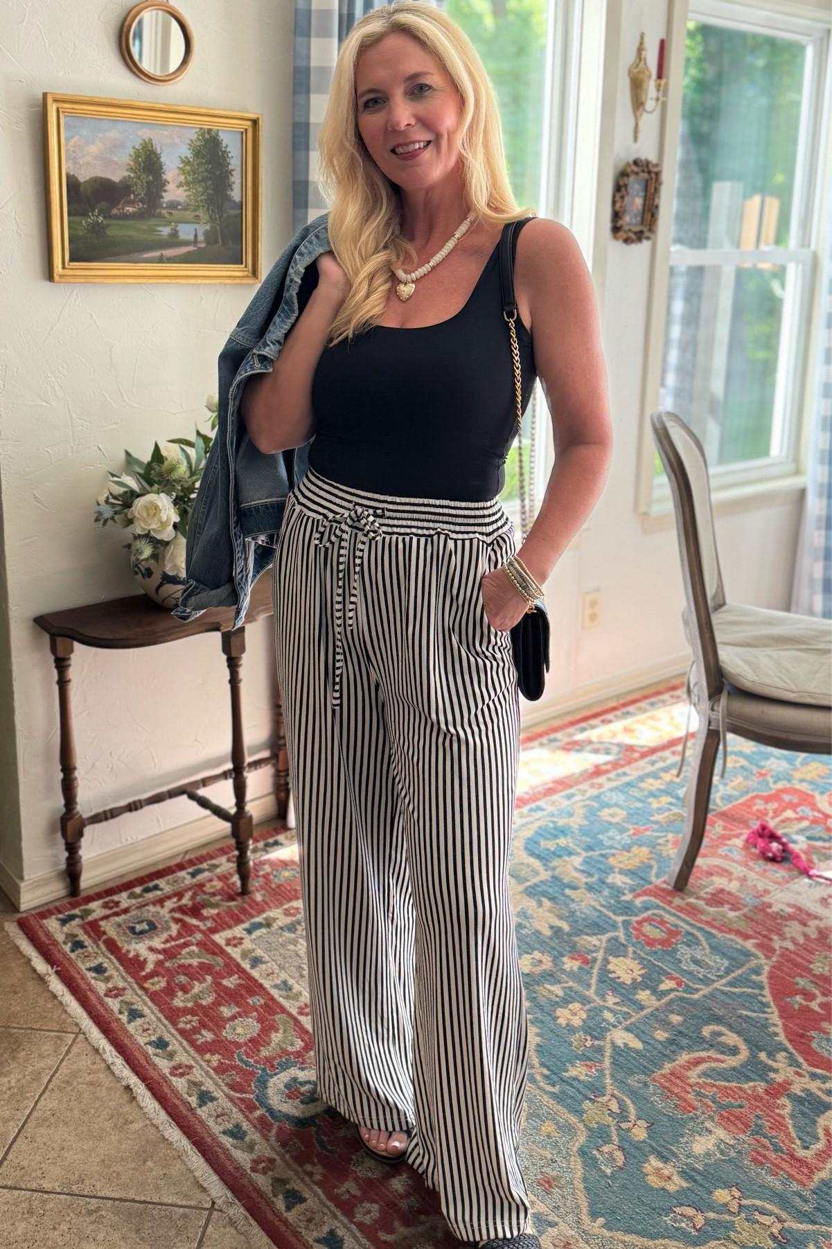 OOTD… wide leg stripe pant with packets and elastic waist, Pilcro denim jacket, black sandals, heart necklace, bracelets, double lined square neck tank top(it gives the slightest compression and so comfortable. I have these in several colors). 

#LTKSaleAlert #LTKOver40 #LTKmomlife