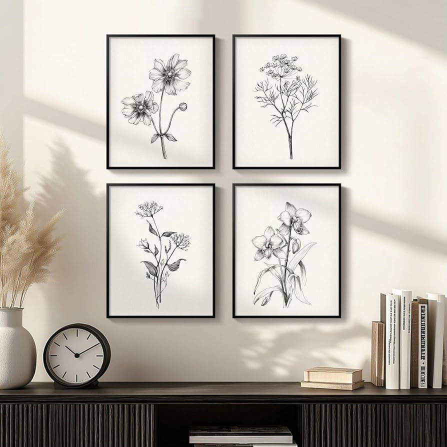 4 Pieces Vintage Flower Wall Decor | Framed Canvas Minimalist Black and White Floral Wall Art, Se... | Amazon (US)