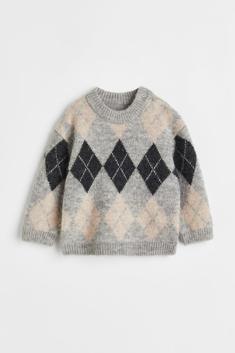 Jacquard-knit Sweater - Gray melange/argyle-patterned - Kids | H&M US | H&M (US + CA)