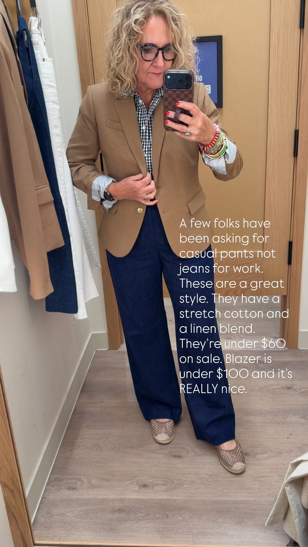 Business casual work pants tan blazer 
Later, I’m wearing an eight regular if I got a petite I would get the 10 petite. These linen blend full length pants. I’m wearing a 29 regular. I think the 29 petite would probably fit me better. I’m 5 foot three.
The gingham blouse I can’t find online, but it is available in a white blouse or I’m linking one that I have from Talbots is a really nice lightweightl gingham 

Outfit business casual work, blazer

#LTKOver40 #LTKSaleAlert #LTKWorkwear