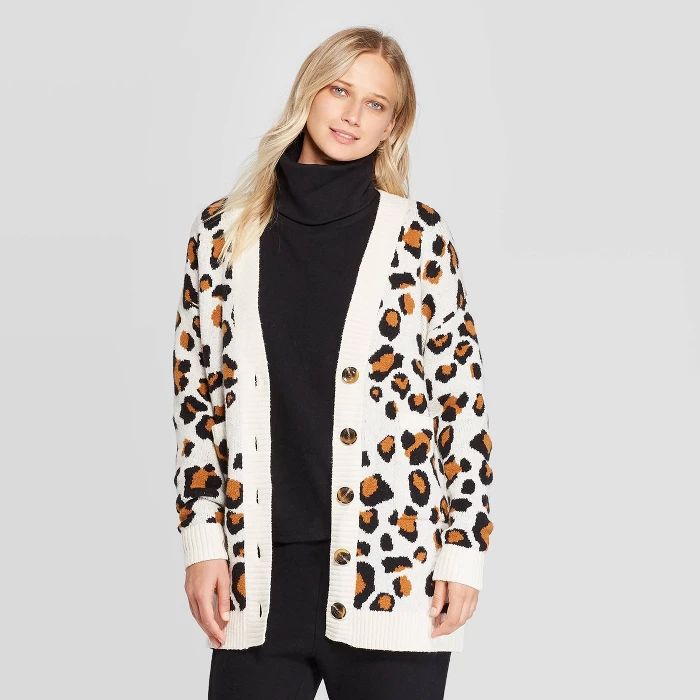 Women's Leopard Print Long Sleeve Boyfriend Cardigan - Who What Wear™ White | Target