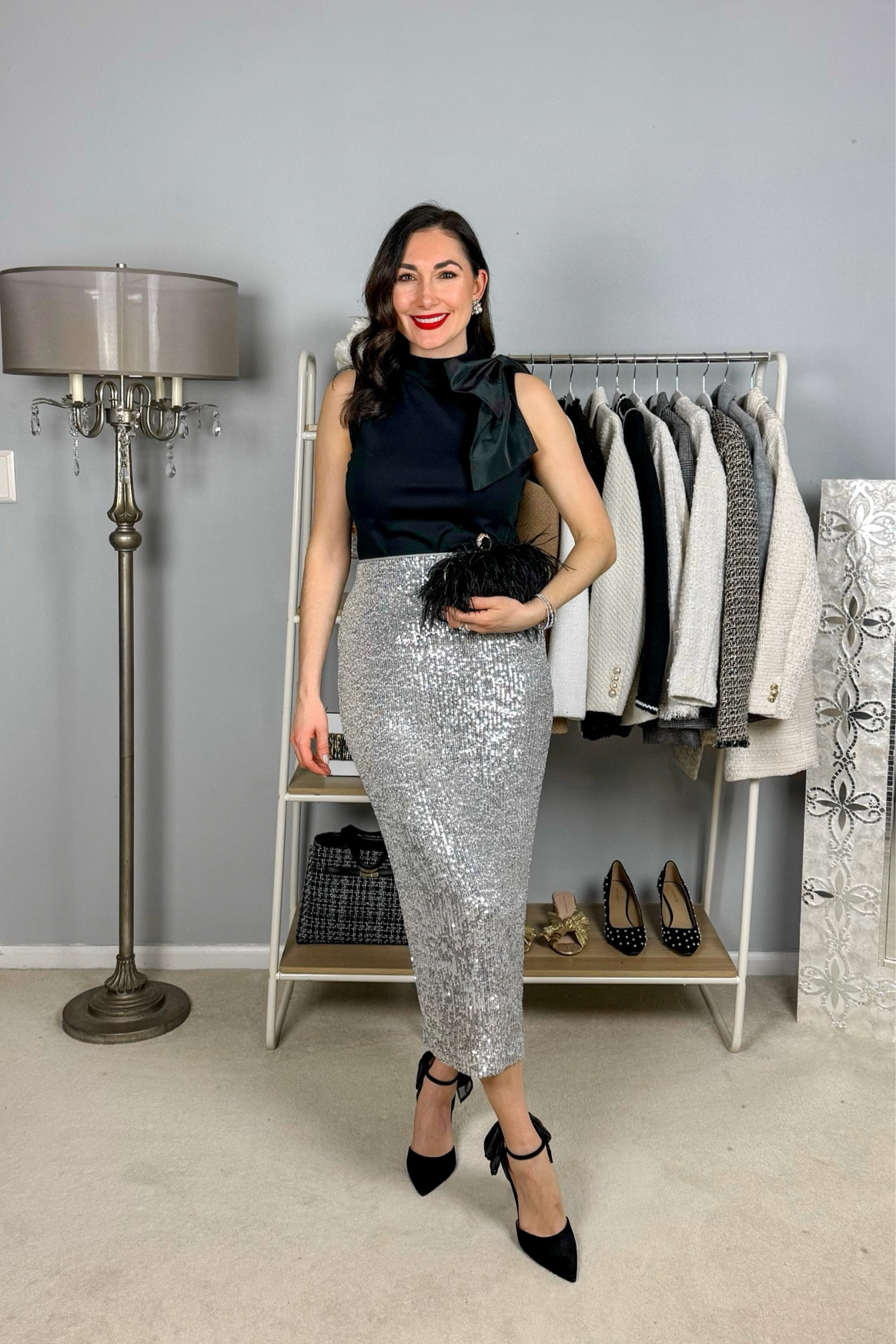 Chic holiday party outfit 🖤

Black top with bow sleeve detail size small, TTS
Silver sequin midi skirt size 2, sized down a size 
Black bow heels 

NYE outfit 
Christmas outfit 

#LTKHoliday #LTKParties #LTKSaleAlert