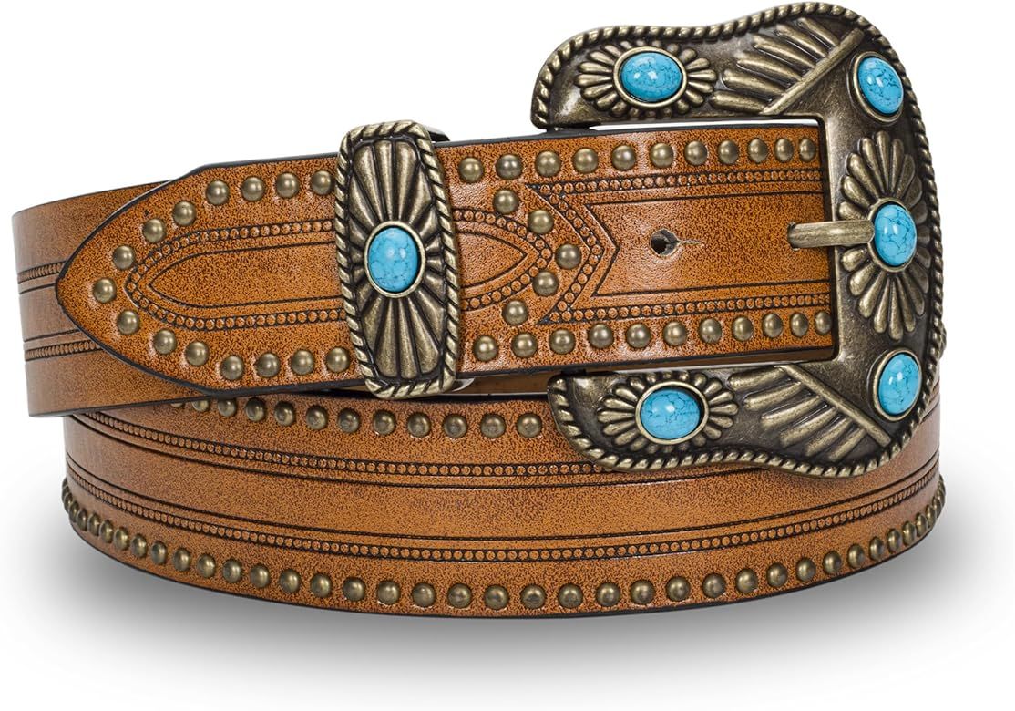 UTOWO Women's Vintage Brown Leather Belt with Turquoise Pin Buckle for Pants, Jeans & Dresses (35"-3 | Amazon (US)