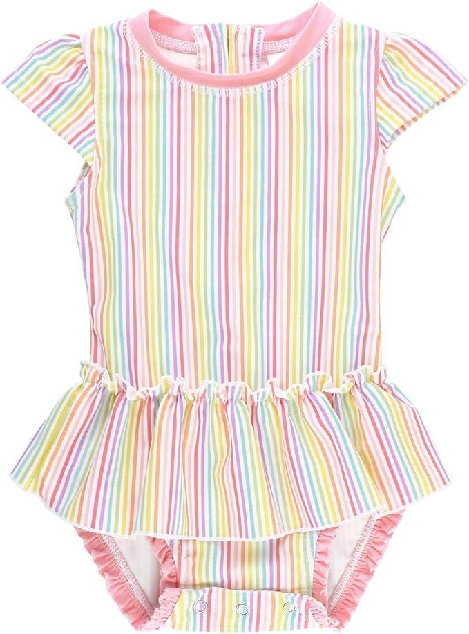 RuffleButts Infant/Toddler Girls Peplum Short Sleeve One Piece Swimsuit UPF 50+ Sun Protection | Amazon (US)