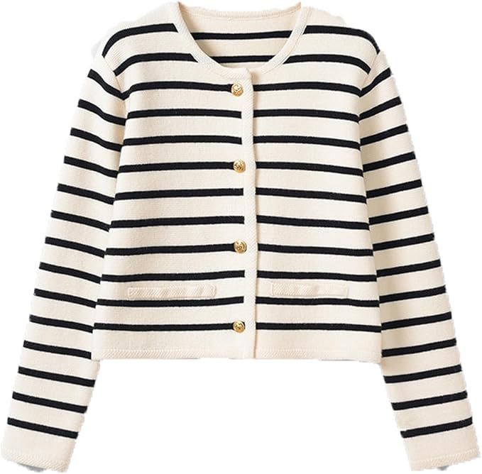Lady Patch Pocket Cardigan, Women Long Sleeve Short Striped Sweater Button Knitted Open Front Coa... | Amazon (US)